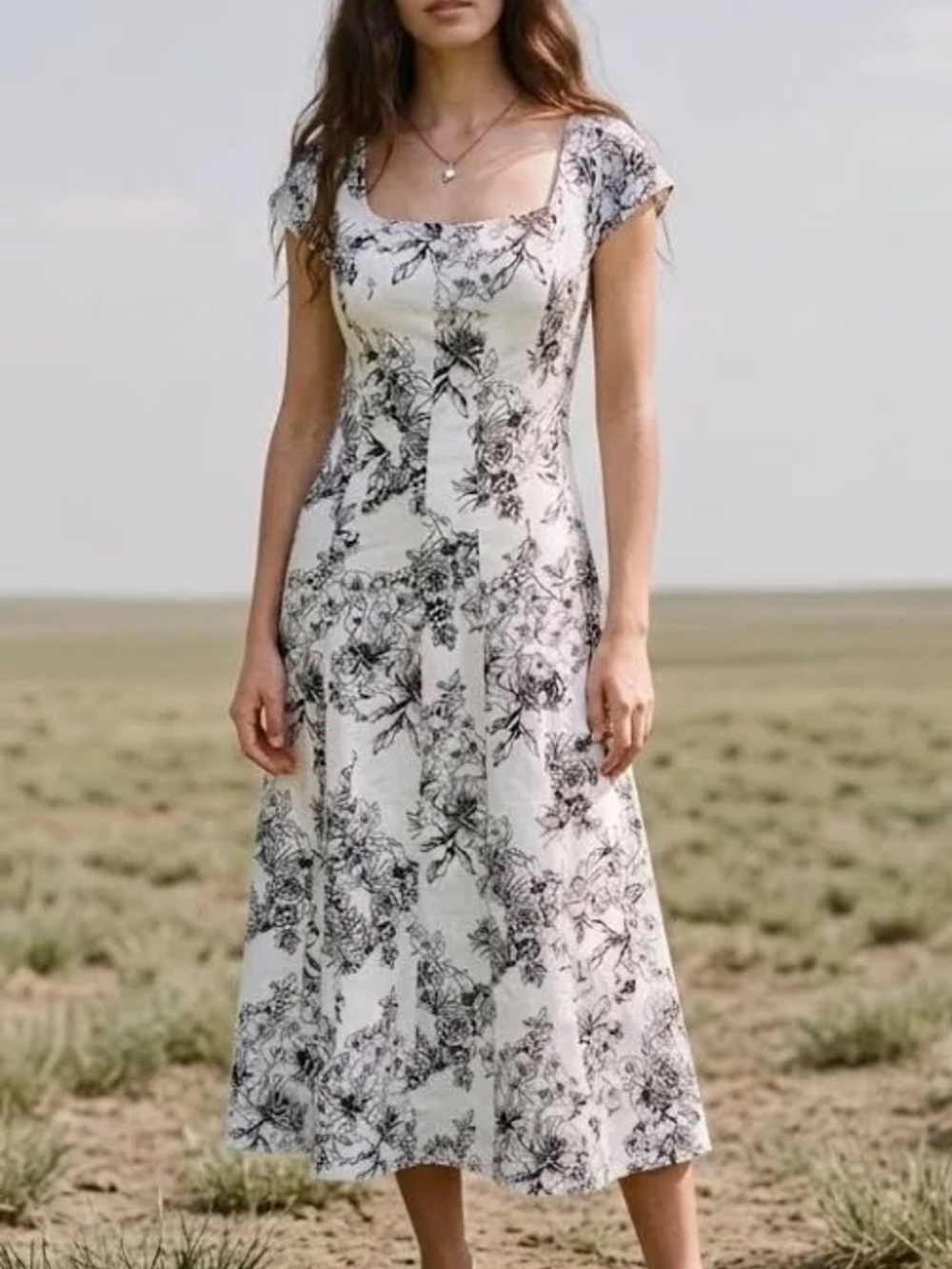 Collection B Black and White Floral Square-Neck Midi Dress